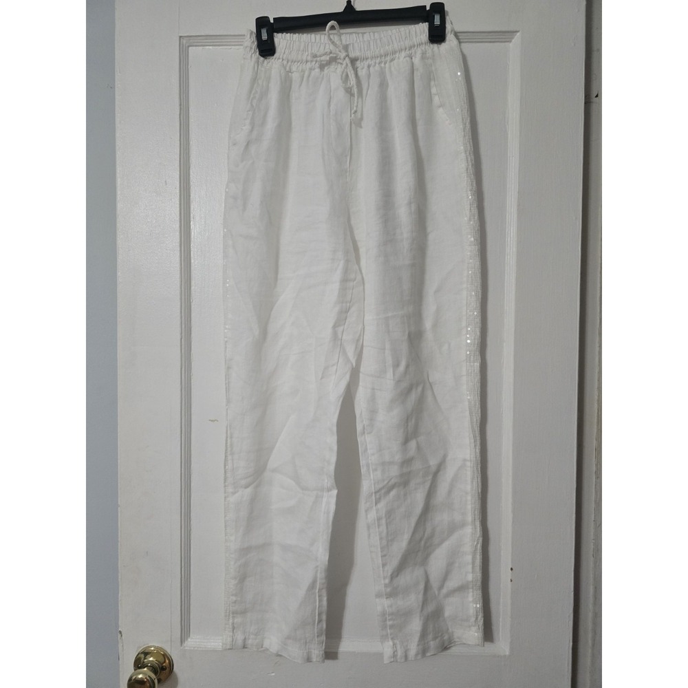 Belle France 100% Linen White Elastic Waist Sequin Details Pants Women's Small